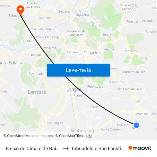 Freixo de Cima e de Baixo to Tabuadelo e São Faustino map
