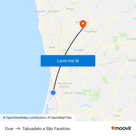 Ovar to Tabuadelo e São Faustino map