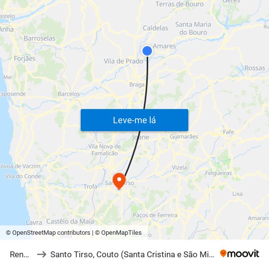 Rendufe to Santo Tirso, Couto (Santa Cristina e São Miguel) e Burgães map