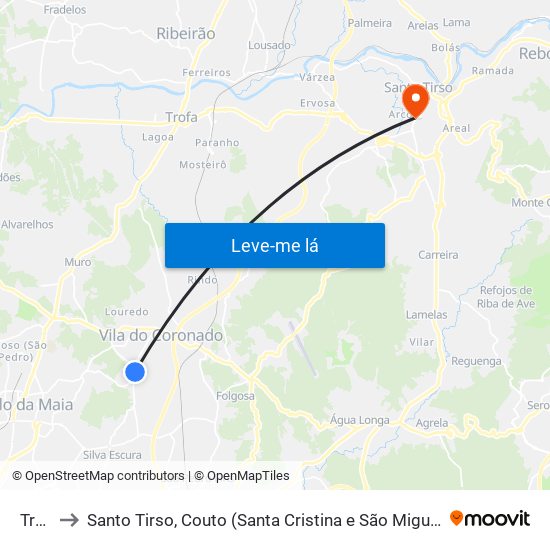 Trofa to Santo Tirso, Couto (Santa Cristina e São Miguel) e Burgães map
