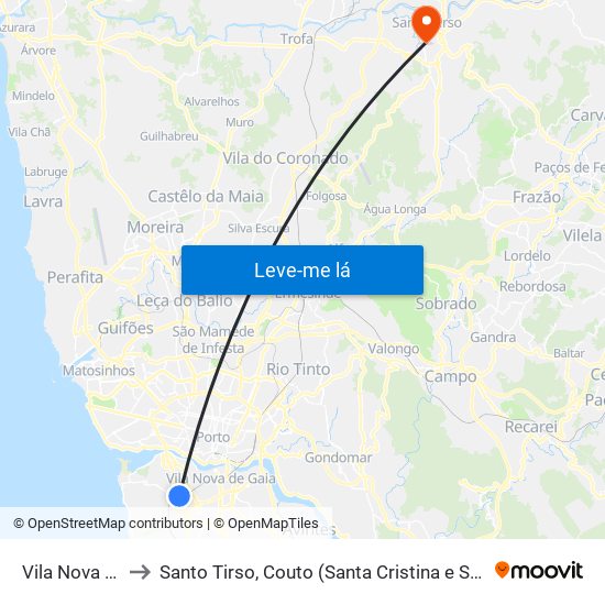 Vila Nova De Gaia to Santo Tirso, Couto (Santa Cristina e São Miguel) e Burgães map