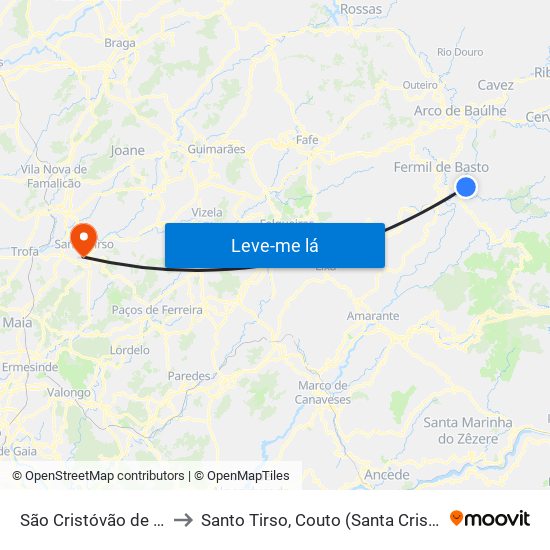 São Cristóvão de Mondim de Basto to Santo Tirso, Couto (Santa Cristina e São Miguel) e Burgães map