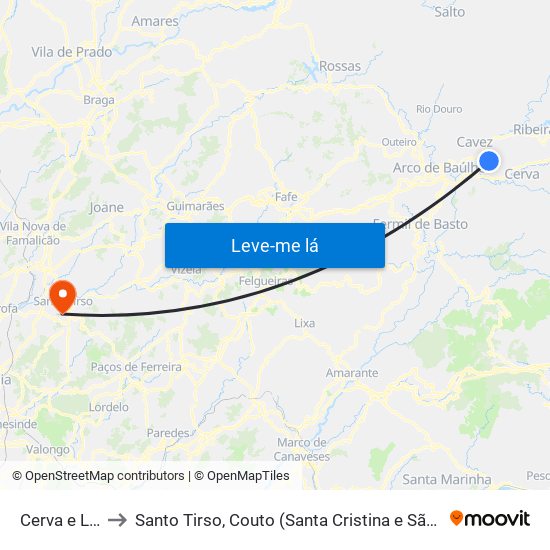 Cerva e Limões to Santo Tirso, Couto (Santa Cristina e São Miguel) e Burgães map