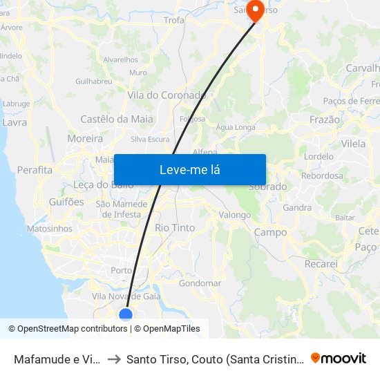 Mafamude e Vilar do Paraíso to Santo Tirso, Couto (Santa Cristina e São Miguel) e Burgães map