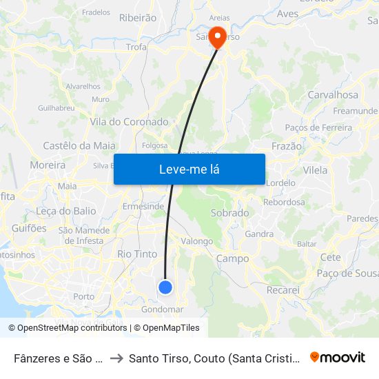 Fânzeres e São Pedro da Cova to Santo Tirso, Couto (Santa Cristina e São Miguel) e Burgães map