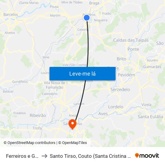 Ferreiros e Gondizalves to Santo Tirso, Couto (Santa Cristina e São Miguel) e Burgães map