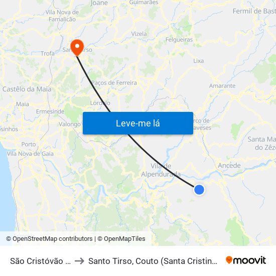 São Cristóvão de Nogueira to Santo Tirso, Couto (Santa Cristina e São Miguel) e Burgães map