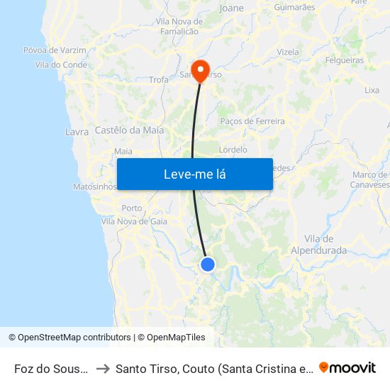 Foz do Sousa e Covelo to Santo Tirso, Couto (Santa Cristina e São Miguel) e Burgães map