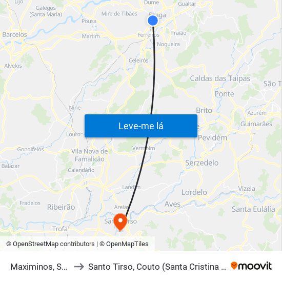 Maximinos, Sé e Cividade to Santo Tirso, Couto (Santa Cristina e São Miguel) e Burgães map