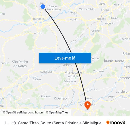 Lijó to Santo Tirso, Couto (Santa Cristina e São Miguel) e Burgães map