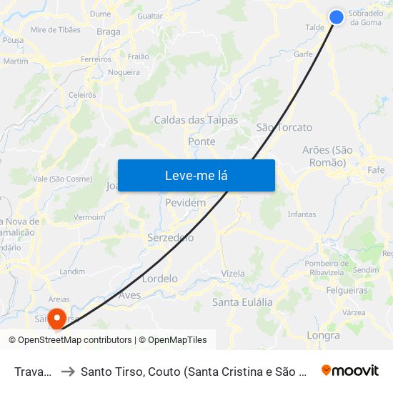 Travassos to Santo Tirso, Couto (Santa Cristina e São Miguel) e Burgães map