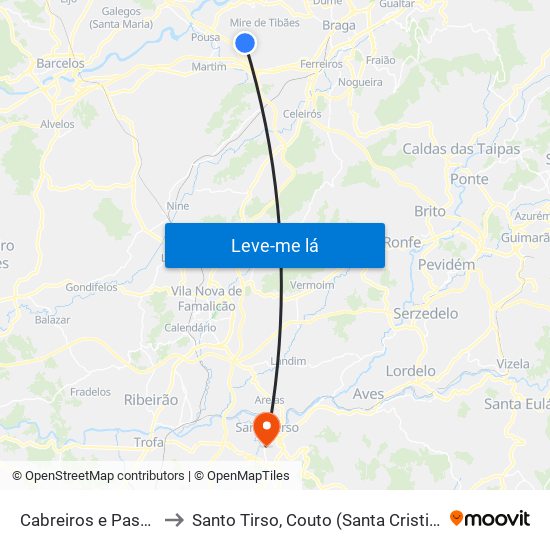 Cabreiros e Passos (São Julião) to Santo Tirso, Couto (Santa Cristina e São Miguel) e Burgães map