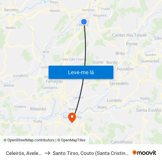 Celeirós, Aveleda e Vimieiro to Santo Tirso, Couto (Santa Cristina e São Miguel) e Burgães map