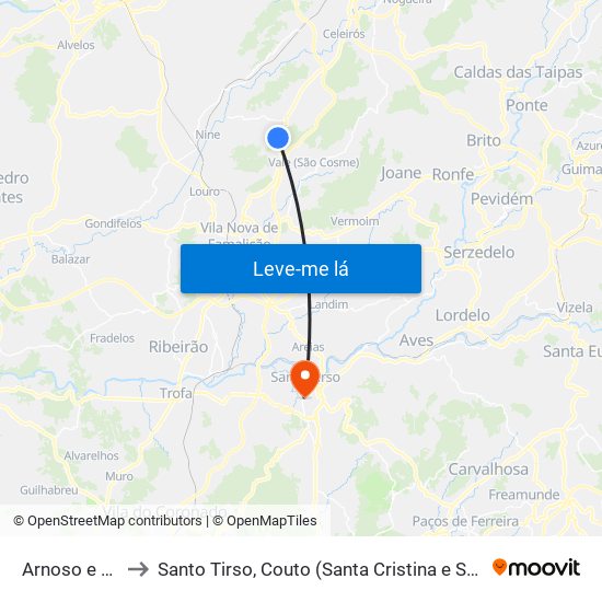 Arnoso e Sezures to Santo Tirso, Couto (Santa Cristina e São Miguel) e Burgães map