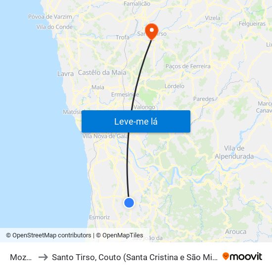 Mozelos to Santo Tirso, Couto (Santa Cristina e São Miguel) e Burgães map