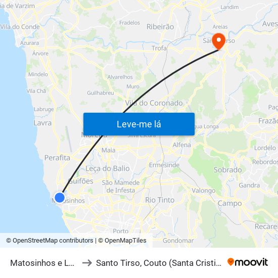 Matosinhos e Leça da Palmeira to Santo Tirso, Couto (Santa Cristina e São Miguel) e Burgães map