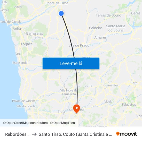 Rebordões (Souto) to Santo Tirso, Couto (Santa Cristina e São Miguel) e Burgães map