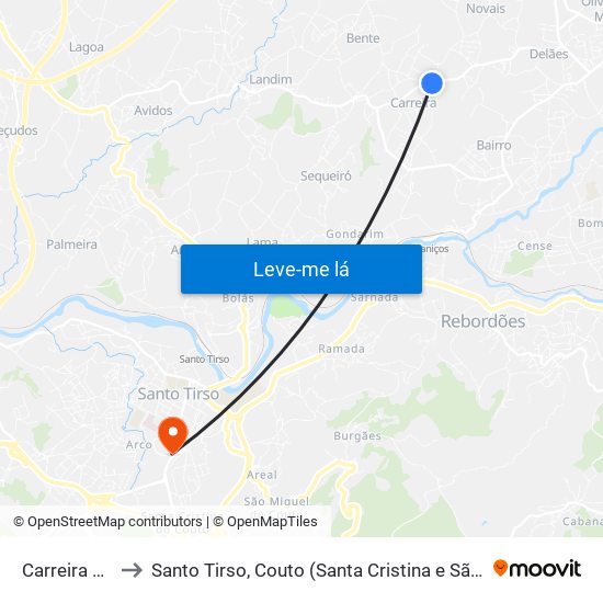 Carreira e Bente to Santo Tirso, Couto (Santa Cristina e São Miguel) e Burgães map