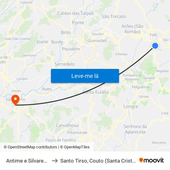 Antime e Silvares (São Clemente) to Santo Tirso, Couto (Santa Cristina e São Miguel) e Burgães map