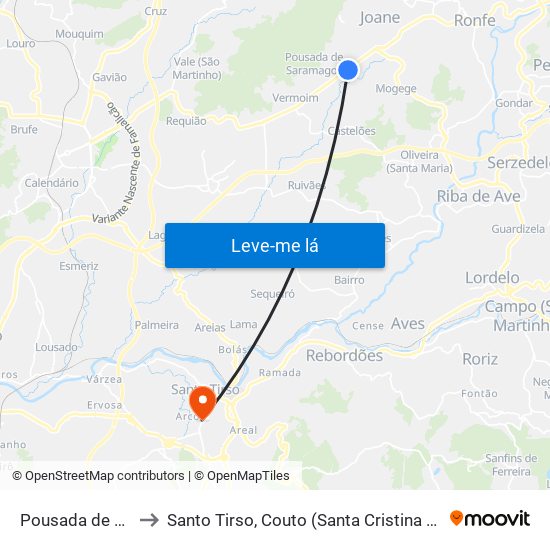 Pousada de Saramagos to Santo Tirso, Couto (Santa Cristina e São Miguel) e Burgães map