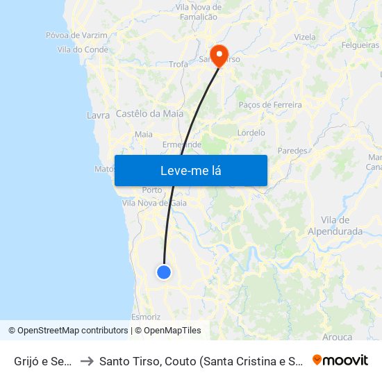 Grijó e Sermonde to Santo Tirso, Couto (Santa Cristina e São Miguel) e Burgães map