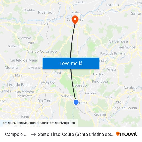 Campo e Sobrado to Santo Tirso, Couto (Santa Cristina e São Miguel) e Burgães map