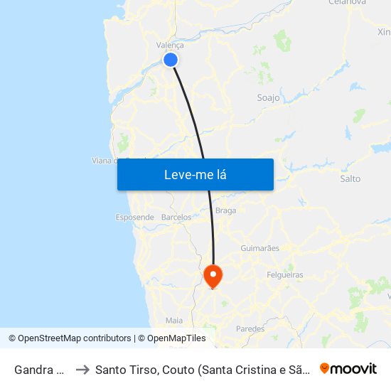 Gandra e Taião to Santo Tirso, Couto (Santa Cristina e São Miguel) e Burgães map