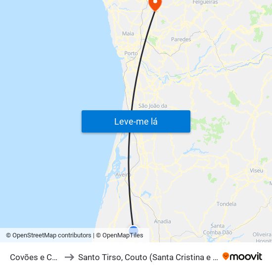 Covões e Camarneira to Santo Tirso, Couto (Santa Cristina e São Miguel) e Burgães map