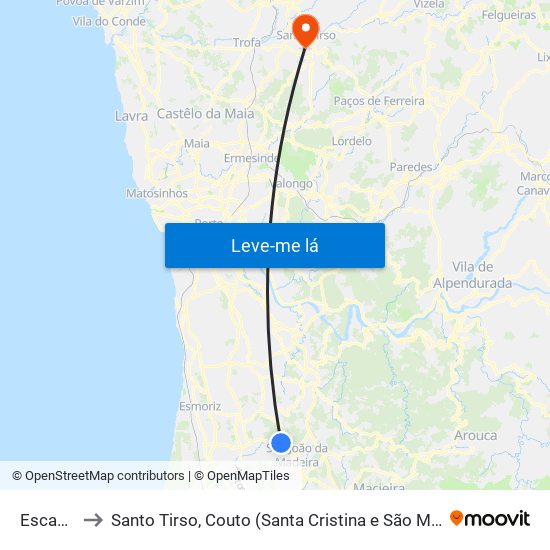 Escapães to Santo Tirso, Couto (Santa Cristina e São Miguel) e Burgães map