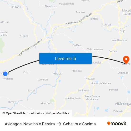 Avidagos, Navalho e Pereira to Gebelim e Soeima map