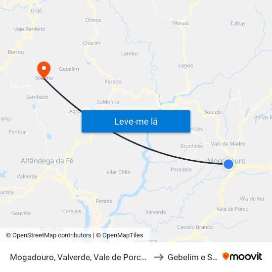 Mogadouro, Valverde, Vale de Porco e Vilar de Rei to Gebelim e Soeima map