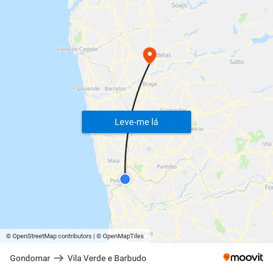 Gondomar to Vila Verde e Barbudo map
