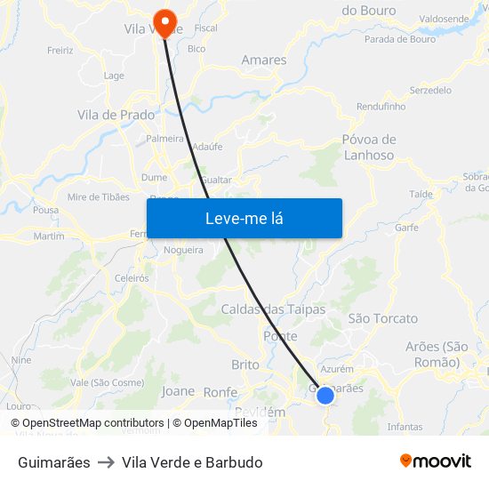 Guimarães to Vila Verde e Barbudo map