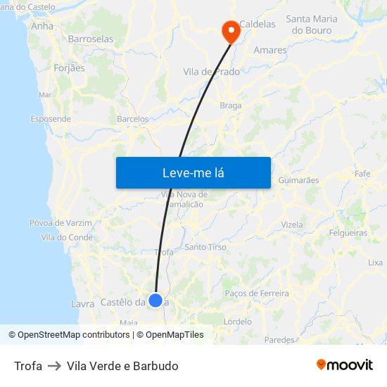 Trofa to Vila Verde e Barbudo map