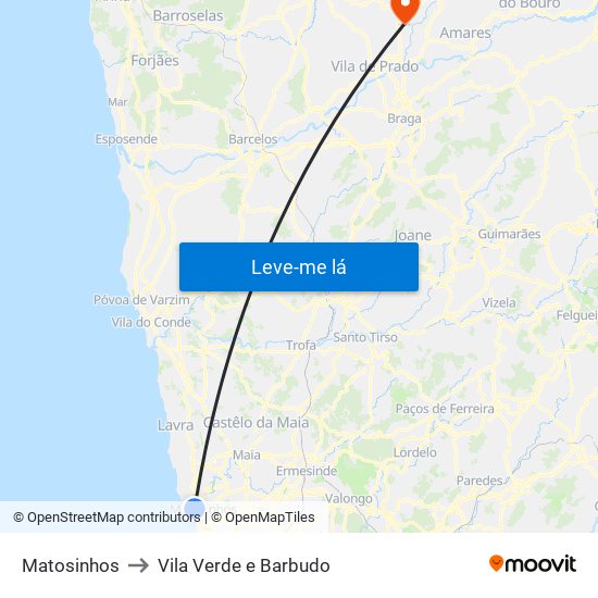 Matosinhos to Vila Verde e Barbudo map
