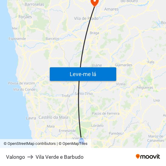 Valongo to Vila Verde e Barbudo map