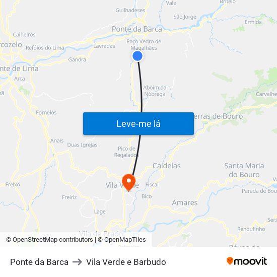 Ponte da Barca to Vila Verde e Barbudo map