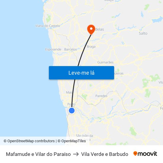 Mafamude e Vilar do Paraíso to Vila Verde e Barbudo map