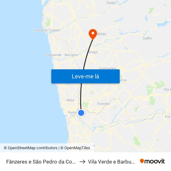 Fânzeres e São Pedro da Cova to Vila Verde e Barbudo map