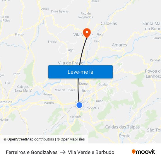 Ferreiros e Gondizalves to Vila Verde e Barbudo map