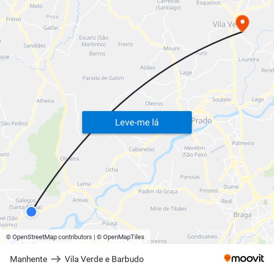 Manhente to Vila Verde e Barbudo map