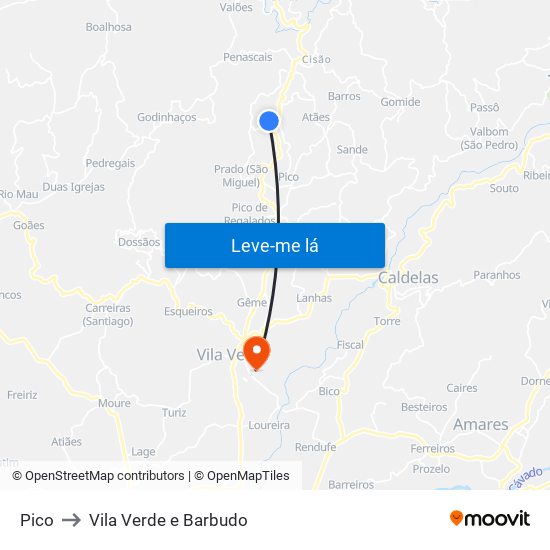 Pico to Vila Verde e Barbudo map