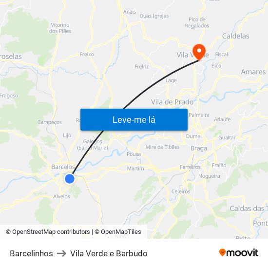 Barcelinhos to Vila Verde e Barbudo map