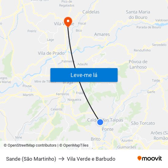 Sande (São Martinho) to Vila Verde e Barbudo map