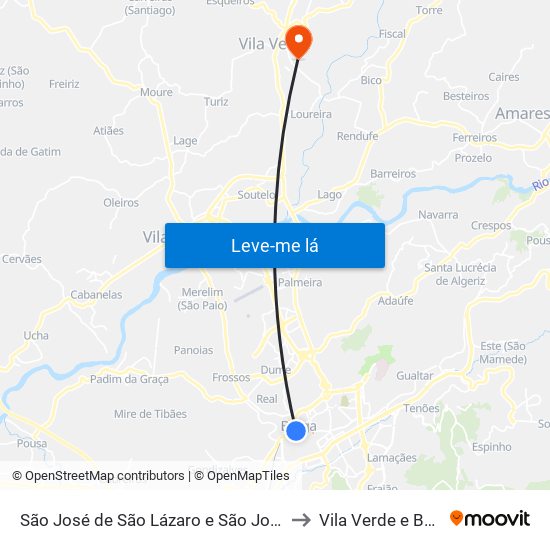 São José de São Lázaro e São João do Souto to Vila Verde e Barbudo map
