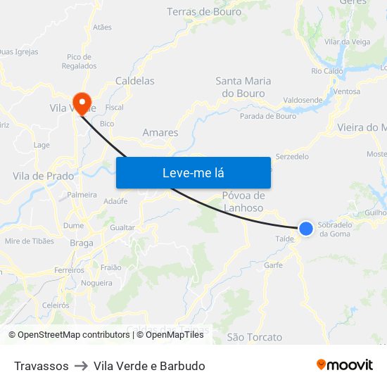 Travassos to Vila Verde e Barbudo map