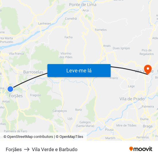 Forjães to Vila Verde e Barbudo map