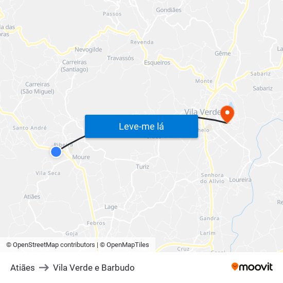 Atiães to Vila Verde e Barbudo map