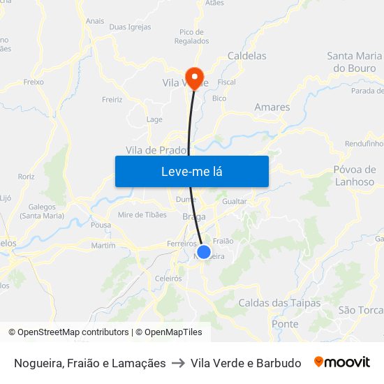 Nogueira, Fraião e Lamaçães to Vila Verde e Barbudo map