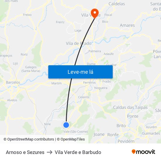 Arnoso e Sezures to Vila Verde e Barbudo map